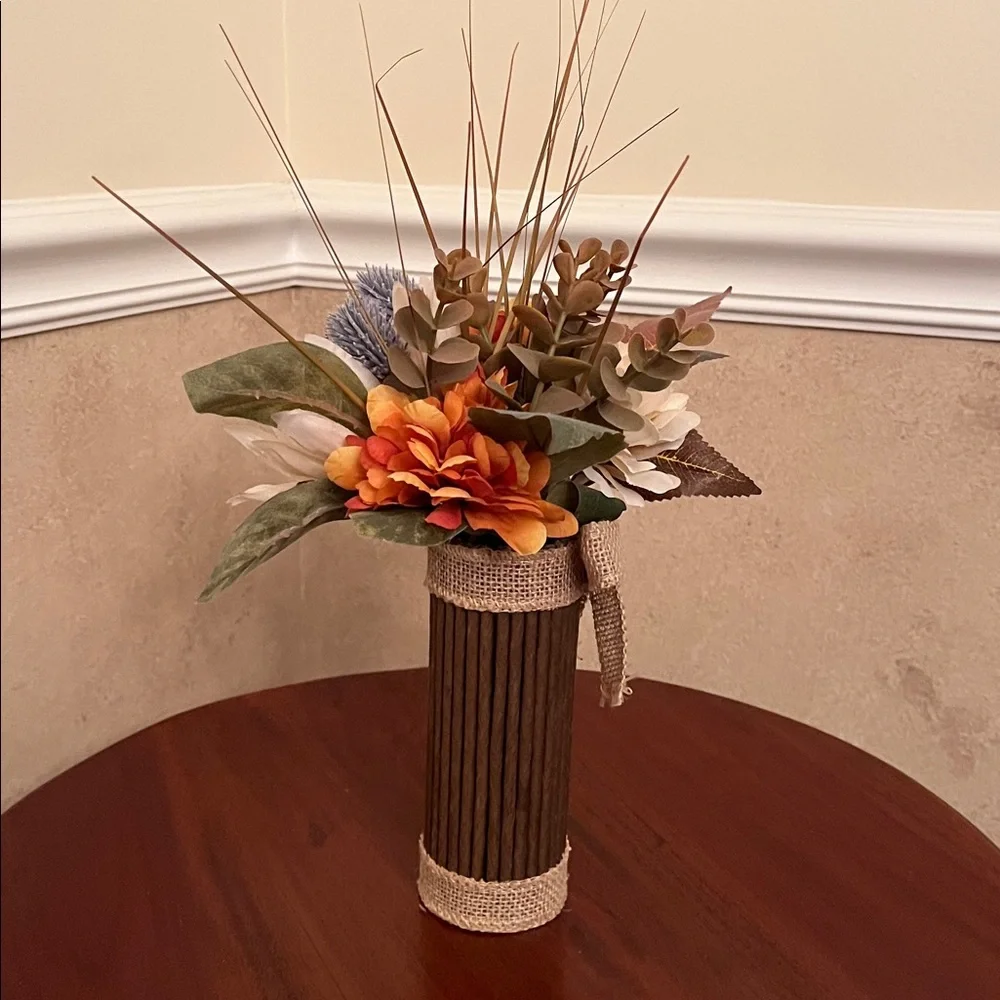 15” Rustic Fall Floral Arrangement in Twig Vase with Burlap Accent – NEW
